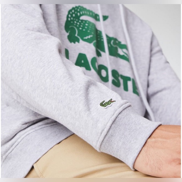 Lacoste Mens Long Sleeve Flocked Graphic Croc Hooded Sweatshirt Silver - Picture 4 of 6